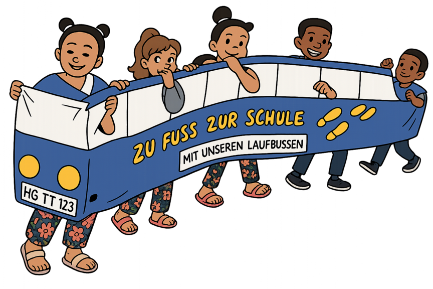 Laufbus Comic Kinder in einer Gruppe