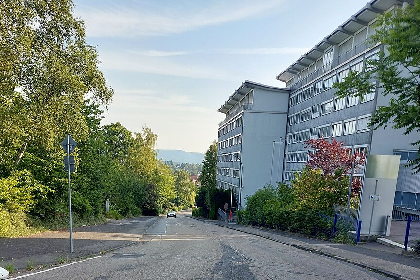 Borkenberg von der Altkönigstraße aus, rechts Freseniusgelände Steile Straße bergab